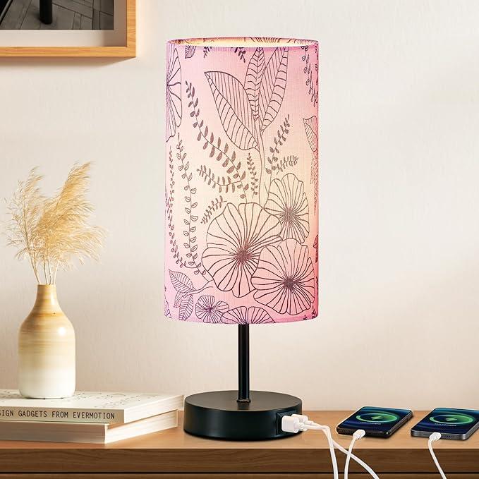 Bedside Table Lamp, Modern Touch Control Desk Lamp with 2 USB Ports & Round Flower Linen Fabric Shade, 3 Way Dimmable Small Nightstand Lamp for Bedroom Living Room Home Office Pink