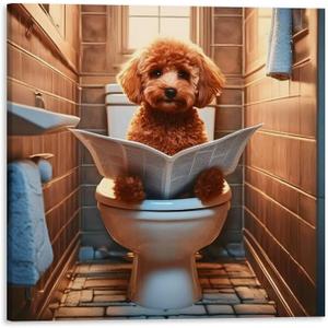 TcnBzydkij Square Canvas Bathroom Decor Poodle Dog Wall Decor Poster Animals Reading Newspaper Theme Bathroom Wall Art Print Toilet Wall Decor Home Gift 12x12inch Framed, style-34