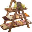 Gibson Home Truss Peak 3 Tier Serving Tray for Party, 18" Acacia Wood Cupcake/Charcuterie/Dessert Farmhouse Tiered Platters with Collapsible Wood Rack
