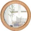 Round Rattan Mirror, 30" Circle Wall Mirror, Farmhouse Wooden Vanity Mirror with Handmade Wicker Frame, Decorative Boho Mirror for Nursery Bedroom Living Room Entryway Nature
