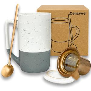 Gencywe Ceramics Large Tea Cup with Loose Leaf Infuser, Spoon and Lid, 16 oz Tall Coffee Mug, Microwave and Dishwasher Safe, Rustic Matte Ceramic Glaze, Tea Strainer (Gray)