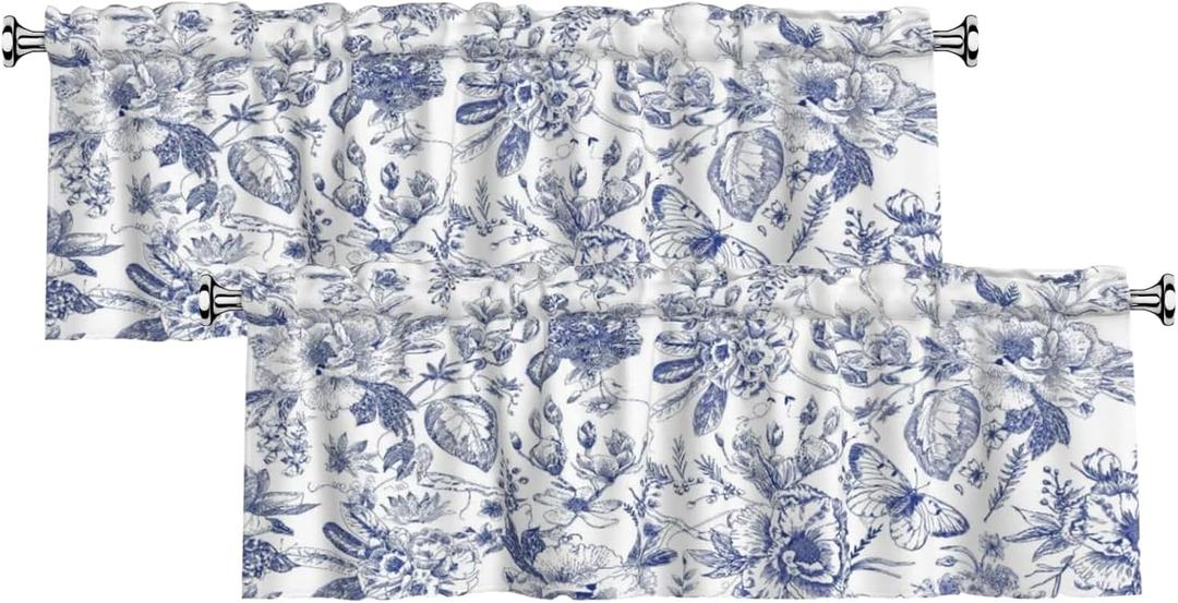 Blue Floral Valances for Windows 2 Pack - Chinoiserie Flower Valance Curtain 54"x18" Farmhouse Leaves Butterfly Short Curtains Window Treatment for Bedroom Living Room Kitchen Windows