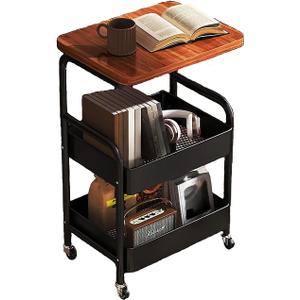 3Tier Rolling Cart - Metal Utility Cart with Wheels, Heavy Duty Mesh Rolling Storage Cart Organizer for Kitchen Office Bedroom Living Room Slide Table (Black)