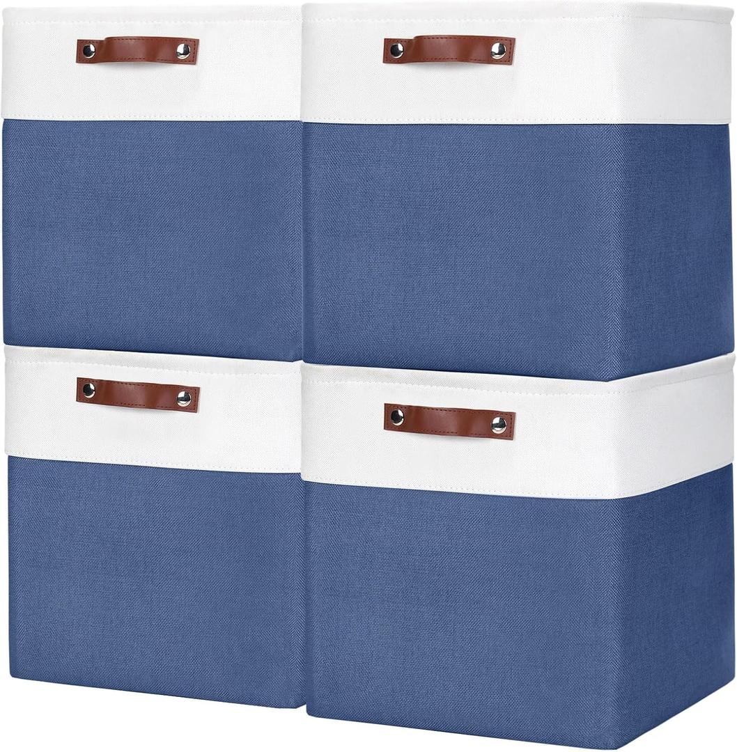 13x13 Cube Storage Bins, Collapsible Fabric Storage Box, 4 Pack Closet Baskets with Handles for Organizing, Shelf, Toys, Clothes, Home, Office, Nursery (NavyBlue&White) (Cube - 13"x13"x13", NavyBlue / Off-White)