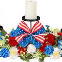 Mumufy 18.5" Big 250th Anniversary Patriotic Table Centerpiece Decor, 4th of July Candle Holder Red White and Blue Artificial Flower Wreath Ring USA American for Memorial Day (Elegant Style)