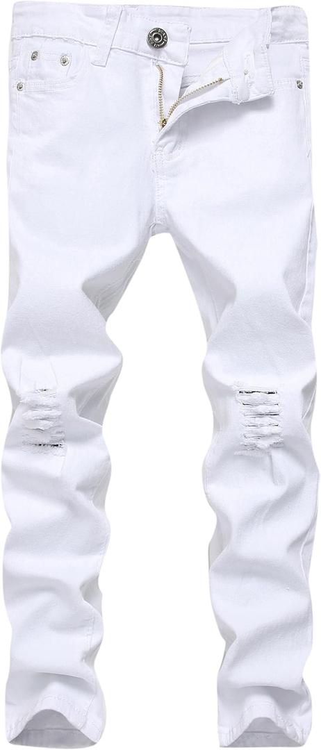 Boy's Skinny Fit Ripped Destroyed Distressed Stretch Slim Jeans Pants (16, White)