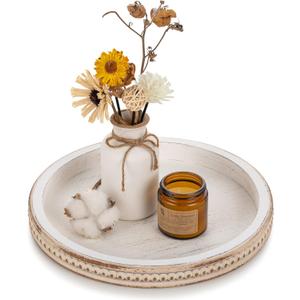 Hanobe Decorative Serving Tray Wood: White Washed Bead Round Tray Decor for Coffee Table Rustic Wooden Trays Farmhouse Centerpiece for Living Room Kitchen Counter