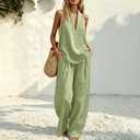 Womens Boho Linen 2 Piece Sets Summer Sleeveless Halter V Neck Tank Top Wide Leg Pants Matching Lounge Outfits 2026 (Green, XXL)
