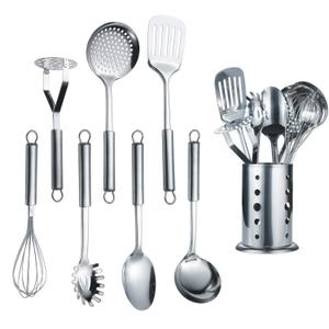 Berglander Cooking Utensil Set 8 Piece, Stainless Steel Kitchen Tool Set with Stand,Cooking Utensils, Slotted Tuner, Ladle, Skimmer, Serving Spoon, Pasta Server,Potato Maseher, Egg Whisk 