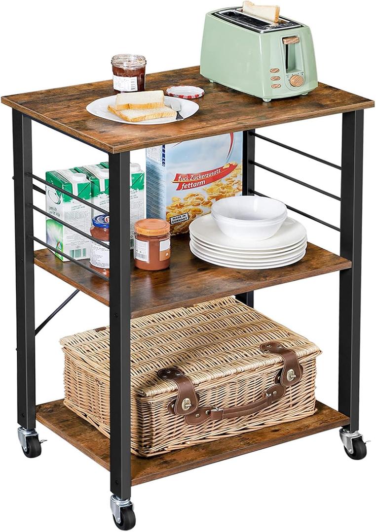 VASAGLE Kitchen Shelf on Wheels, 23.6 Inches Serving Cart with 3 Shelves, Kitchen Cart, Microwave Shelf, for Mini Oven, Toaster, with 6 Hooks, Industrial Style, Rustic Brown and Ink Black UKKS60XV1, 23.6"W x 35"H