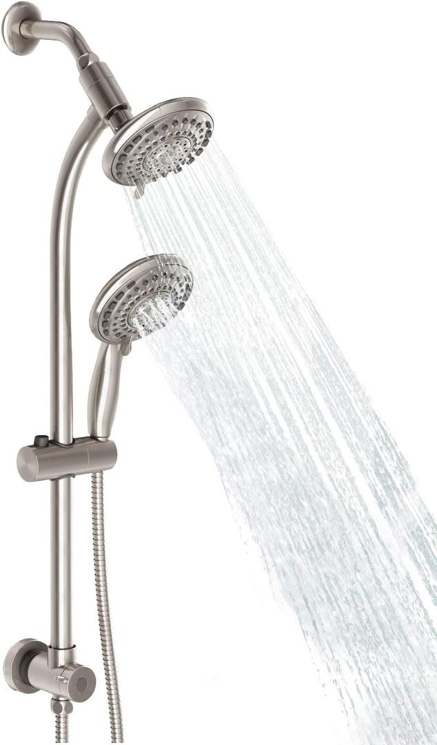 Egretshower Handheld Showerhead & Rain Shower Combo for Easy Reach, 27.5" Drill-free Stainless Steel Slide Bar, 5”of 5-setting Handheld Shower and Showerhead, with 5ft Hose -Brush Nickel