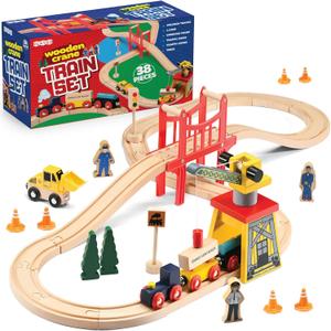 Play22 Wooden Train Set Toddler Toys - 38 Pieces Wood Train Track Set for Toddlers 3-4 Years with Crane, Bridge & Accessories