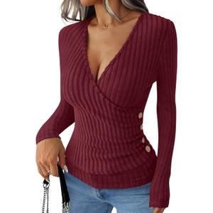 ANRABESS Long Sleeve Shirts for Women Sexy Sweater V Neck Ribbed Knit Slim Fit Wrap Top 2025 Fall Casual Fashion Clothes (Medium, Burgundy)