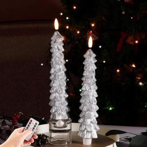 Eywamage Silver Christmas Tree Candles with Remote, Real Wax Flickering Flameless LED Taper Candles Set of 2