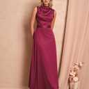 Women Satin Formal Long Dress Elegant Mock Neck Ruched Cocktail Wedding Guest Party Maxi Dress with Belt (Red, L)