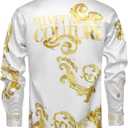 Mens Luxury Brand Print Silk Satin Design Button Down Dress Shirt (White, XL)