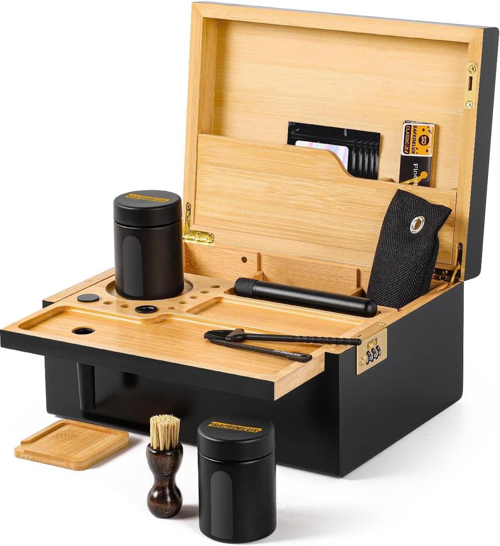 Large Bamboo Box with Combination Lock  Decorative Boxes with Removable Tray Kit, Airtight Glass Jars & Storage Accessories, Wooden Storage Kit for Home Use (Black)