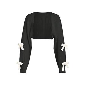 SHENHE Women's Open Front Ribbed Knit Bow Cute Cropped Cardigan Bolero Sweater Shrug Black and White Medium