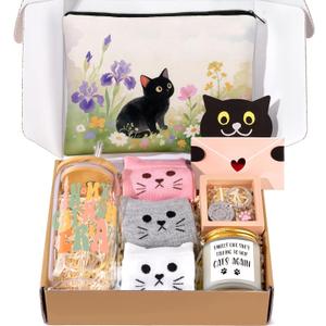 Cat Lover Gifts for Women, Cat Gifts for Women, Cat‘s Themed Gift for Christmas Mother's Day Birthdays, Funny Gift for Cats Lovers for Crazy Cats Lady Mom Daughters with Glass Cup Scented Candle Socks,  8Pcs Cat Lover Gifts
