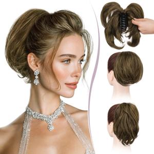 RUWISS Claw Clip Short Human Hair Ponytail Extension with Bendable Metals for DIY Styles, Straight Messy Bun Hair Piece for Women Thick Hairpieces for Daily Wear, 9 Inch Brown Mixed