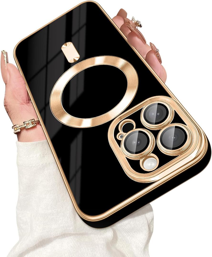 Dinick Designed for iPhone 14 Pro Case with Magnetic [Built-in Camera Cover] Compatible with MagSafe Soft TPU Glitter Cover Anti-Scratch Protective Slim for iPhone 14 Pro Case Black and Gold