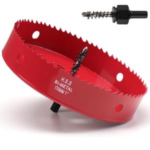 7 Inch Hole Saw for Wood, 178mm HSS BI-Metal Hole Saw for Recessed Lighting, 35mm Cutting Depth Hole Cutter with Hex Shank Drill Bit Adapter for Cornhole Boards Plastic Drywall Fiberboard, Red
