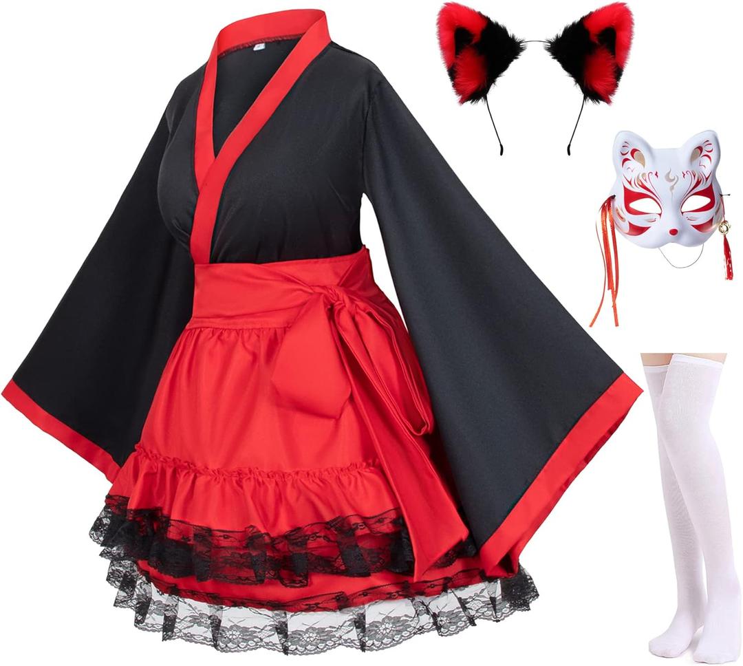Japanese Anime red and White Kimono Fox Cosplay Costume with Socks (L (Asia XL))