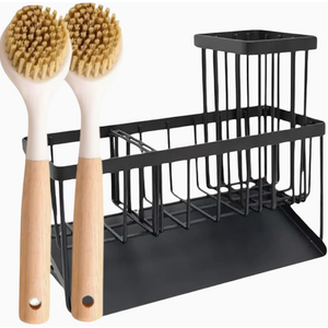 Jorso - 2 PCS Rustproof Kitchen Sink Sponge Holder – Stainless Steel Sink Caddy & Organizer for Sponges and Brushes – Space-Saving Kitchen Sink Accessories (Black)- with 2 Brushes