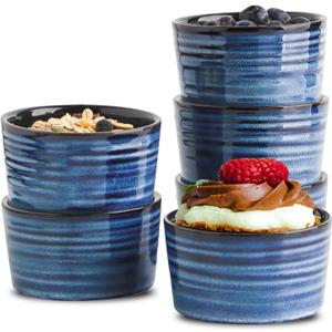 Hasense 6 oz Ramekins for Baking,Ceramic Souffle Dish Oven Safe Set of 6,Porcelain Dipping Sauce Bowls for Pudding, Creme Brulee, Souffle, Serving Dip, Custard, Ice Cream(Blue)