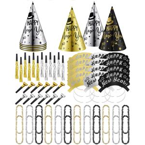 Hanaive 72 Pcs New Years Party Supplies 2026 Eve Party Decorations Midnight Supplies for 24 People Includes Cone Hats, Headband, Squawkers, Blowouts for New Year Gift Eve Night Accessories
