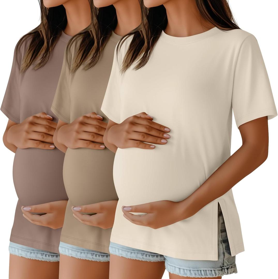 Ficerd 3 Pack Women's Maternity T Shirts, Short Sleeve Side Split Pregnancy Tops Casual Crew Neck Pregnant Tees Mama Clothes (Coffee, Khaki, Cream, S)