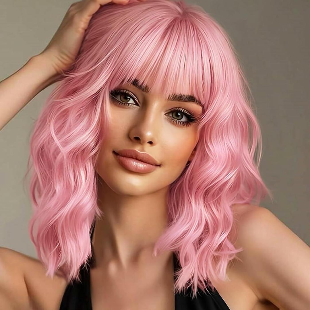 Light Pink Wig for Women Short Pastel Wavy Wigs Curly Bob Wigs with Bangs Shoulder Length Colorful Synthetic Wigs for Cosplay Costume Party Daily Use(14 Inches)