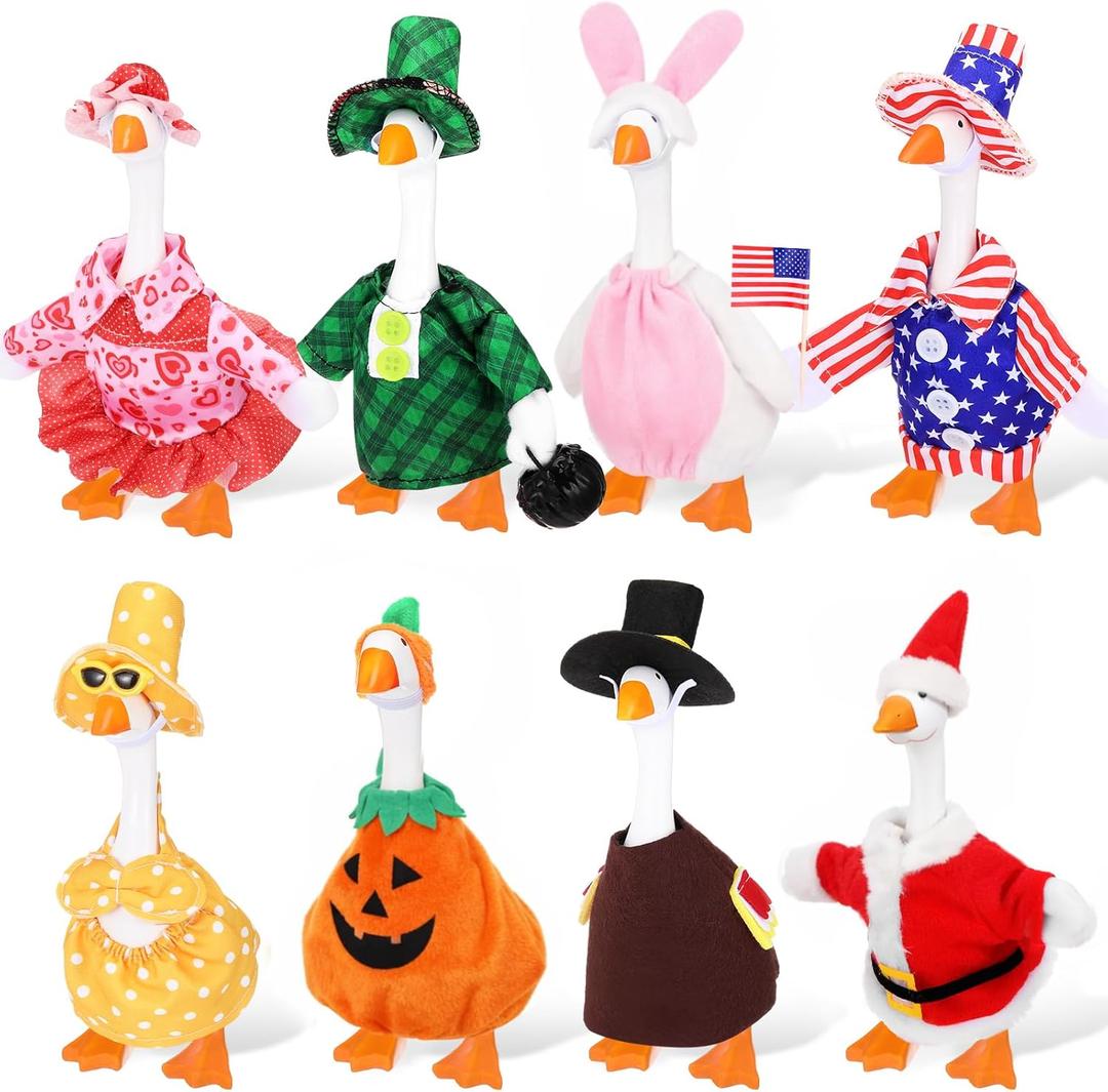 FuWeave 8 Set Holiday Porch Goose Outfits 250th Anniversary Summer 4th of July Fall Halloween Christmas Valentine St. Patrick Easter Lawn Porch Goose Clothing for Patio Yard Lawn Decor(Style1,7 Inch)