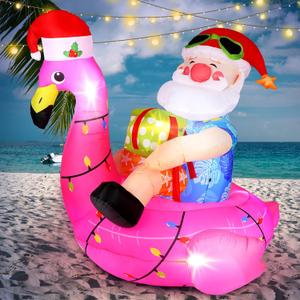 Outdoor Christmas in July Decoration Hawaiian Christmas Inflatable Santa on Flamingo Inflatable 5ft Blow up Flamingo Tropical Pool Floating Santa with LED Light for Yard Party Decor