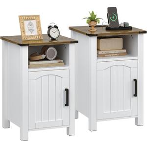 Farmhouse Nightstand with Charging Station, Set of 2 End Table with USB/Type-C Ports, Rustic Bedside Table with Large Storage and Open Shelf, Modern Side Table for Bedroom, Pure White + Walnut, 2 Pack
