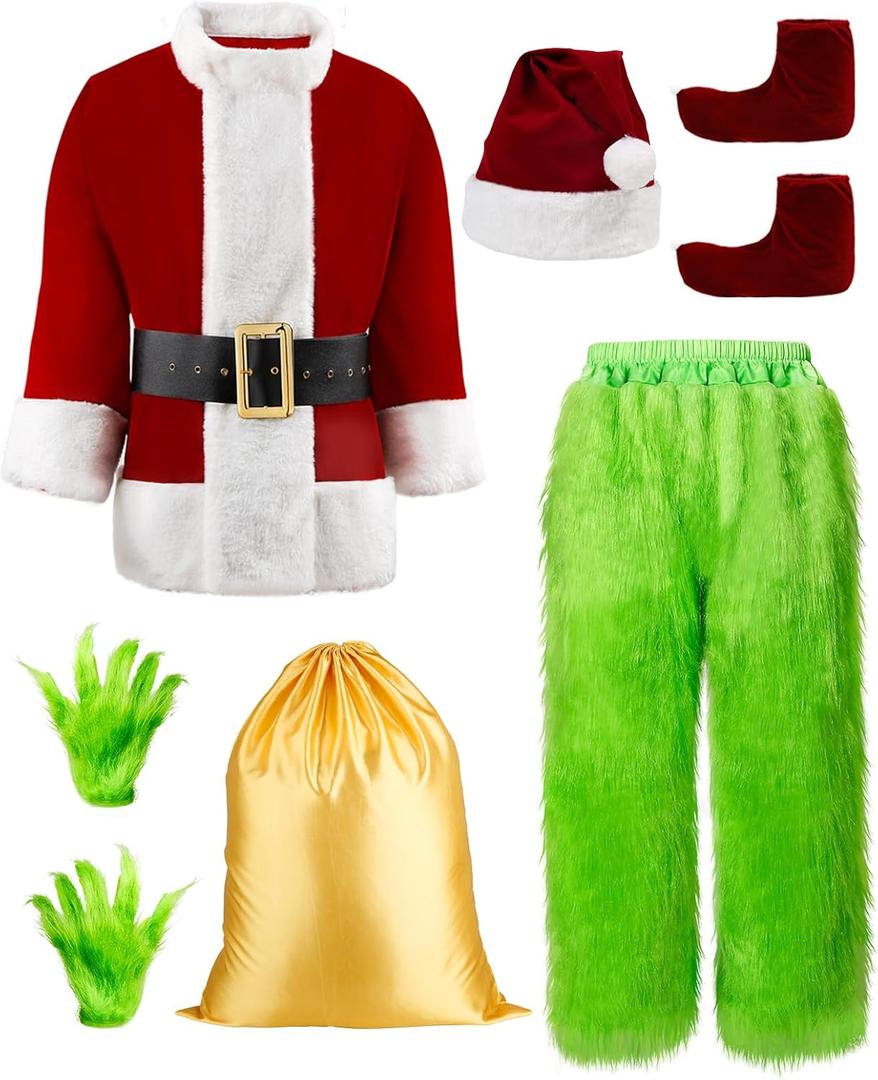 Halloween Costumes Adult Cosplay Christmas Green Santa Costume Funny Santa Suit for Men Santa Outfit (Large-X-Large)
