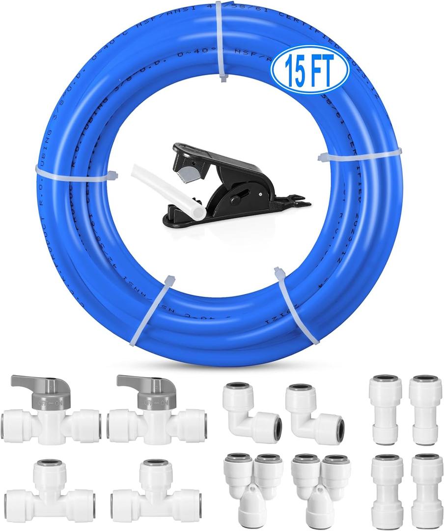 3/8" O.D.RO Water Tubing,15FT Food Grade PE Water Line+12Pcs 3/8" Quick Connect Fittings for RO Reverse Osmosis Water Purifier Filter System(Plastic Tubing+Ball Valve+T+Y+L+I+1/4"-3/8" fitting+Cutter)