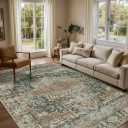 5x7 Area Rugs for Living Room Bedroom, Washable Rug, Green Vintage Retro Boho Rug, Non Slip & Low Pile Faux Wool Thin Carpet for Indoor Dining Room and Kids Room(Green/Brown 5x7ft)