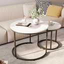 Aboxoo Round Nesting Coffee Table Side Table Set of 2 End Tables for Living Room Bedroom Balcony, White Faux Marble Wooden Table Accent Coffee Table with Black Steel Frame, 23.62"D x 23.62"W x 17.7"H