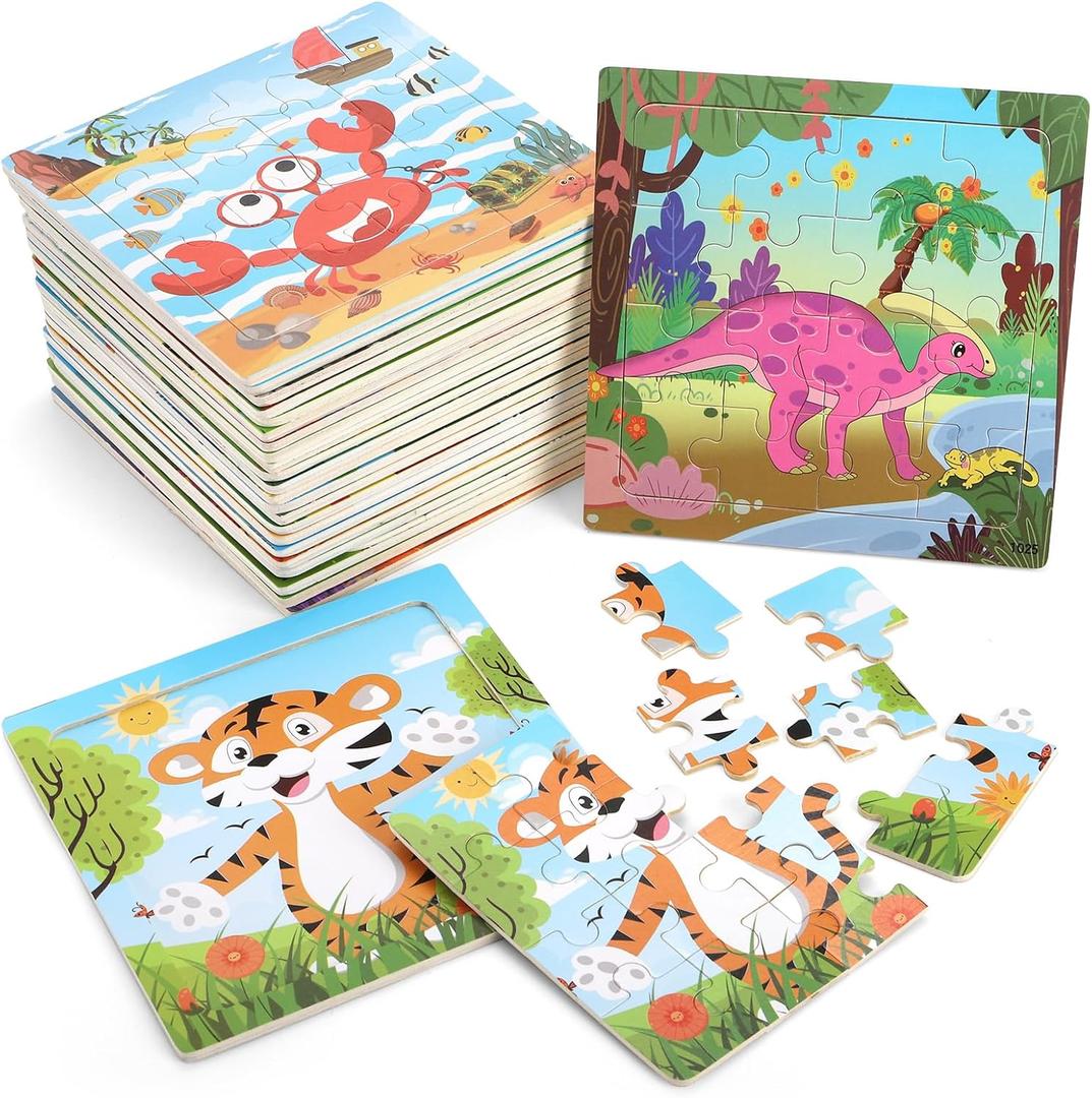 DEAYOU 24 Pack Puzzles for Kids Ages 3-5, 16 Pieces Wooden Animals Jigsaw Puzzles for Toddlers, Preschool Educational Learning Puzzles Toy for Boys and Girls, Children, Party Favors