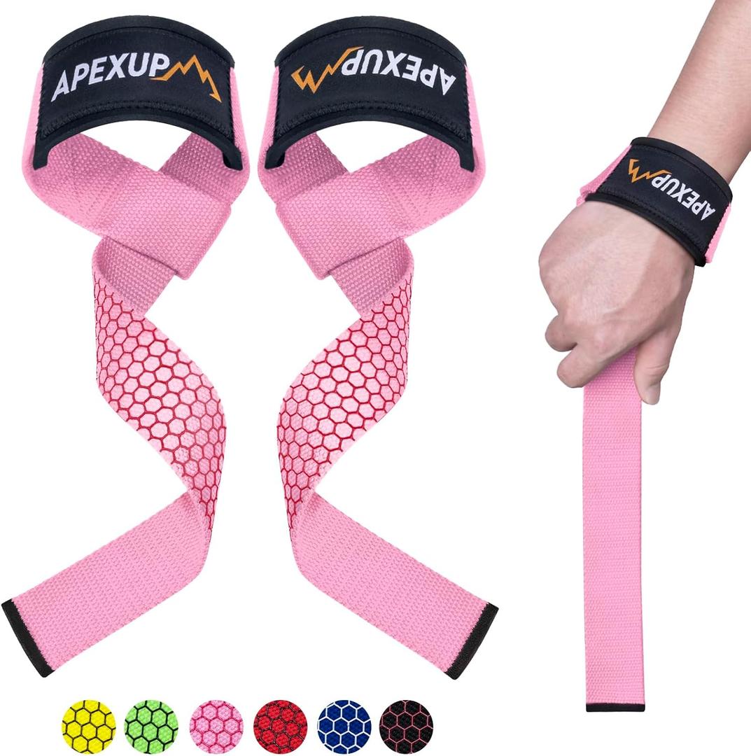 APEXUP Weight Lifting Straps for Weightlifting, Lifting Wrist Straps Gym, Deadlift Strap, Anti Slip Silicone Weightlifting Strap Men Women Powerlifting, Strength Training (1 Pair, Pink)