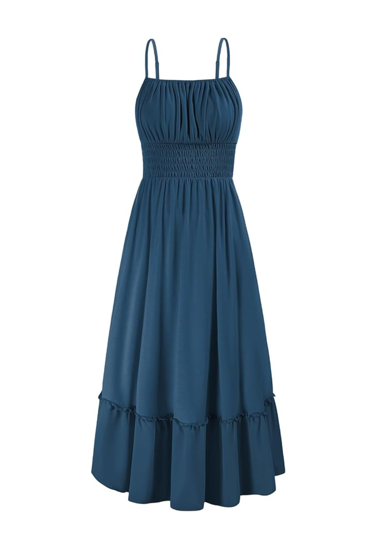 GRACE KARIN Womens 2025 Summer Dress Casual Sleeveless Spaghetti Strap Smocked Ruffle Beach Long Maxi Dress with Pockets, Blue , XXL