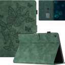KEROM Fire HD 10 Case (9th/7th/5th Generation, 2019/2017/2015 Release), Embossed Suede Leather Folio Stand Protective Cover for Fire HD 10 Tablet (Older Versions), Auto Wake/Sleep - Green Butterfly
