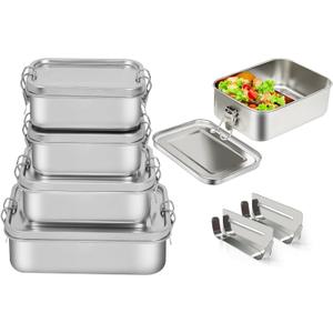 LEEPENK 304 Stainless Steel Lunch Box and Food Containers with Lids 4 Pack 1400/850/550/550ml, Leak-Proof and Stackable Stainless Steel Bento Box for Travel and Work Adults