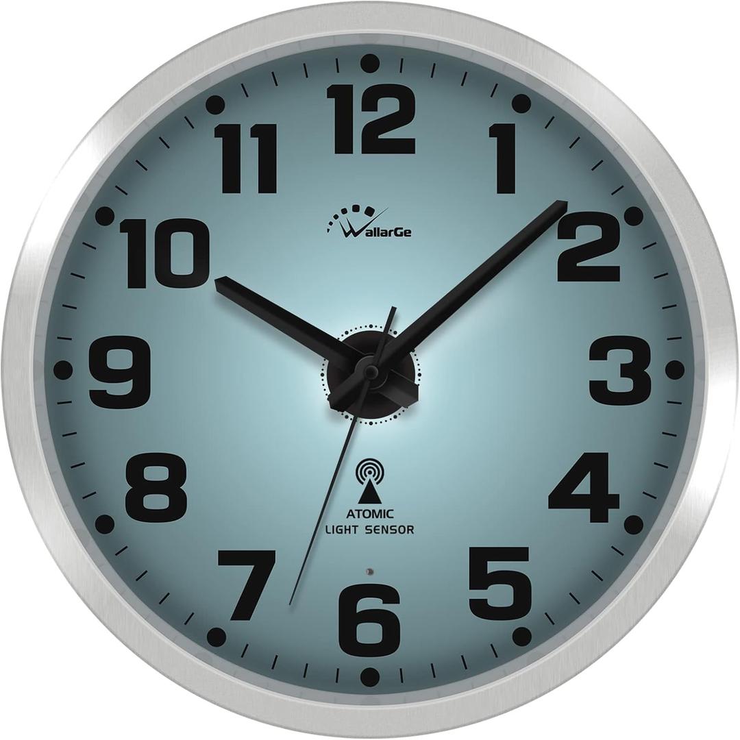 WallarGe Atomic Wall Clock with Night Light - Silent Lighted up Wall Clock Glow in The Dark, Battery Operated, AUTO DST, 12 Inch (Silver)
