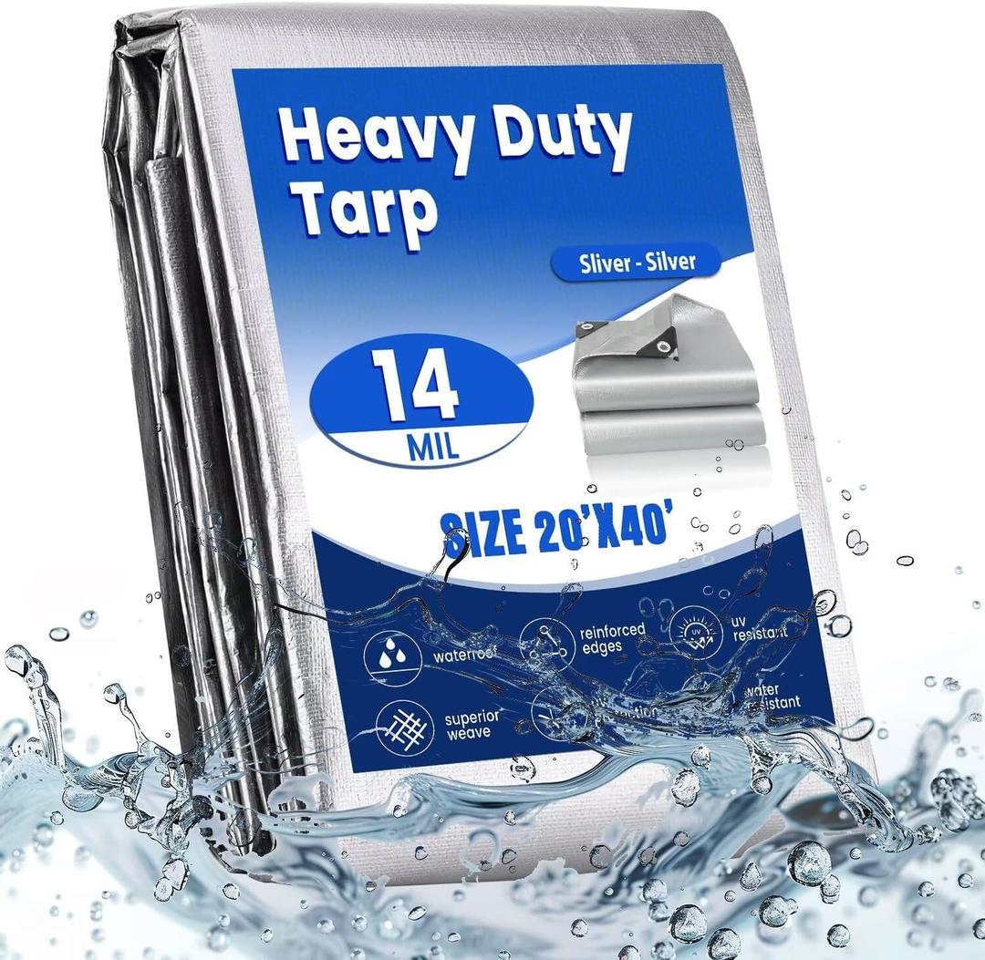 Heavy Duty tarps, 14 Mil Sliver Thick Waterproof Poly Tarp for Outdoor Camping Pool Car Tent, Rip and Tear Proof Tarpaulin with Grommets and Reinforced Edges (20'X40')