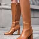 Coutgo Womens Wide Calf Knee High Boots Chunky High Heel Square Toe Fashion Leather Shoes with Side Zipper (Brown)