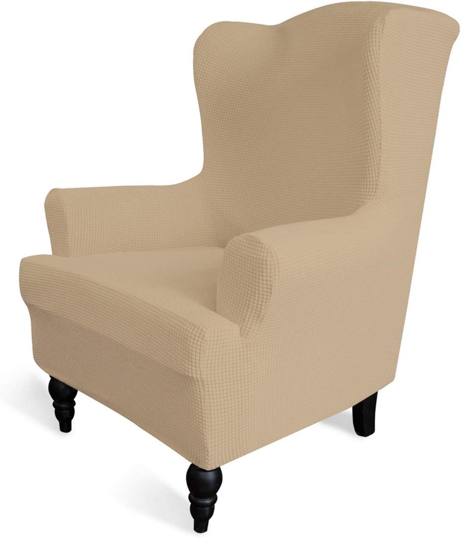 Easy-Going Stretch Wingback Chair Sofa Slipcover 1-Piece Sofa Cover Furniture Protector Couch Soft with Elastic Bottom Polyester Spandex Jacquard Fabric Small Checks(Wing Chair,Sand