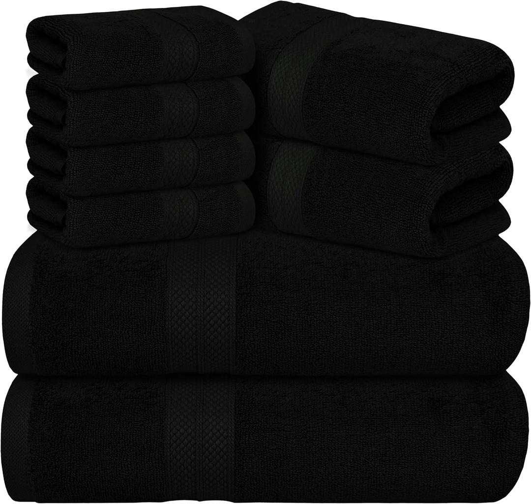Avalon Towels Luxury 8 Piece Towels Set, 2 Bath Towels, 2 Hand Towels and 4 Washcloths, 600 GSM 100% Ring Spun Cotton Highly Absorbent Bathroom Towel Set, Ideal for Hotel, Spa and Gym (Black) (8 Piece Towel Set)
