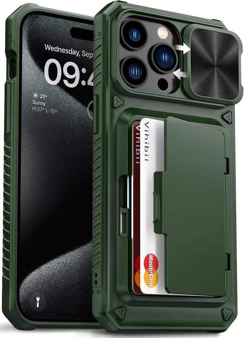 Vihibii for iPhone 15 Pro Max Case with Card Holder (4 Cards) & Slide Camera Cover & Kickstand, Military Grade Drop Protection, Rugged Hard Back & Silicone Edge Wallet Phone Case, 6.7" 2023, Green